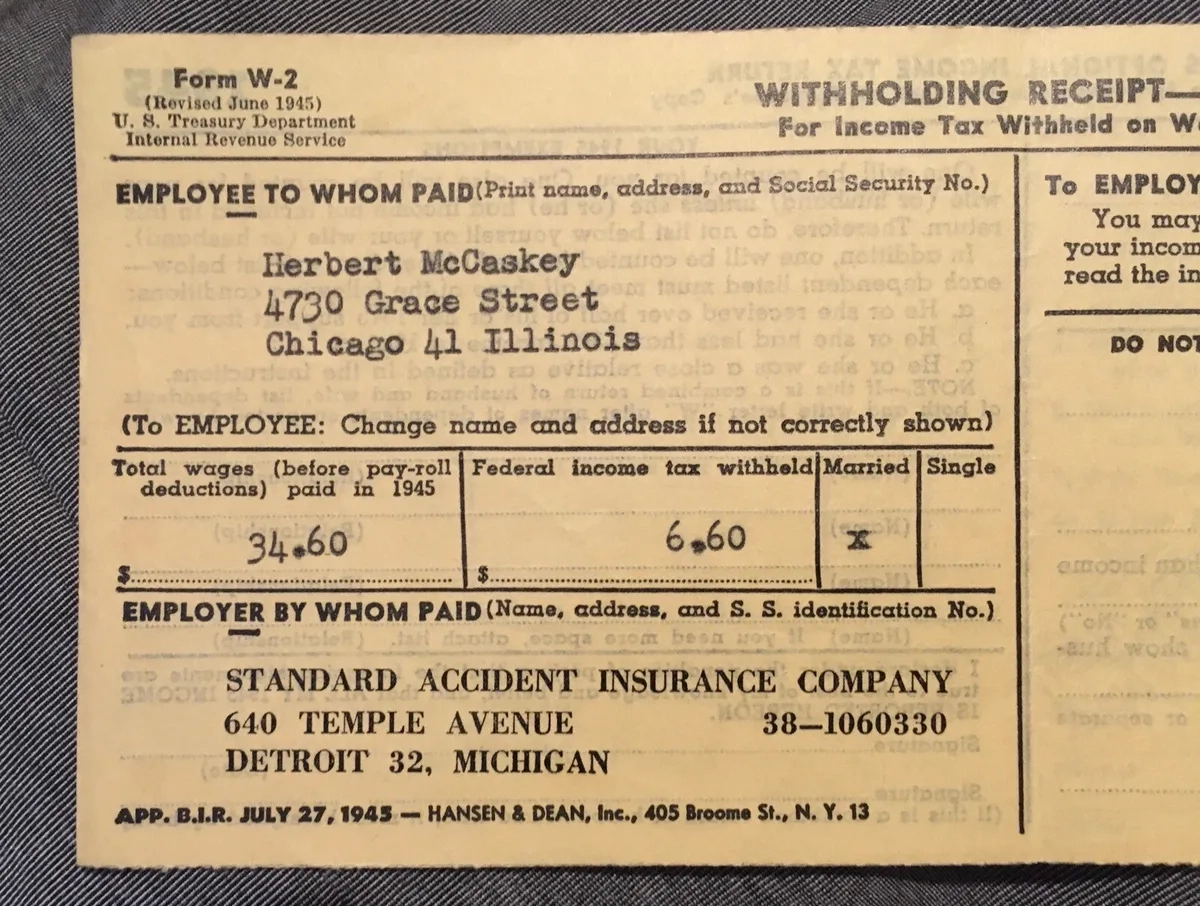 1945 Income Tax Withholding Receipt W2 Form Income Tax Return pertaining to Bath And Body Works W2 Former Employee
