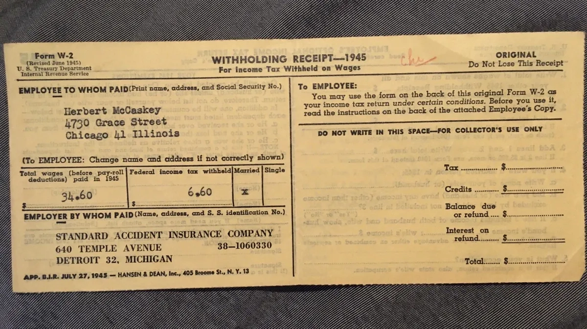 1945 Income Tax Withholding Receipt W2 Form Income Tax Return regarding Old W2 Forms
