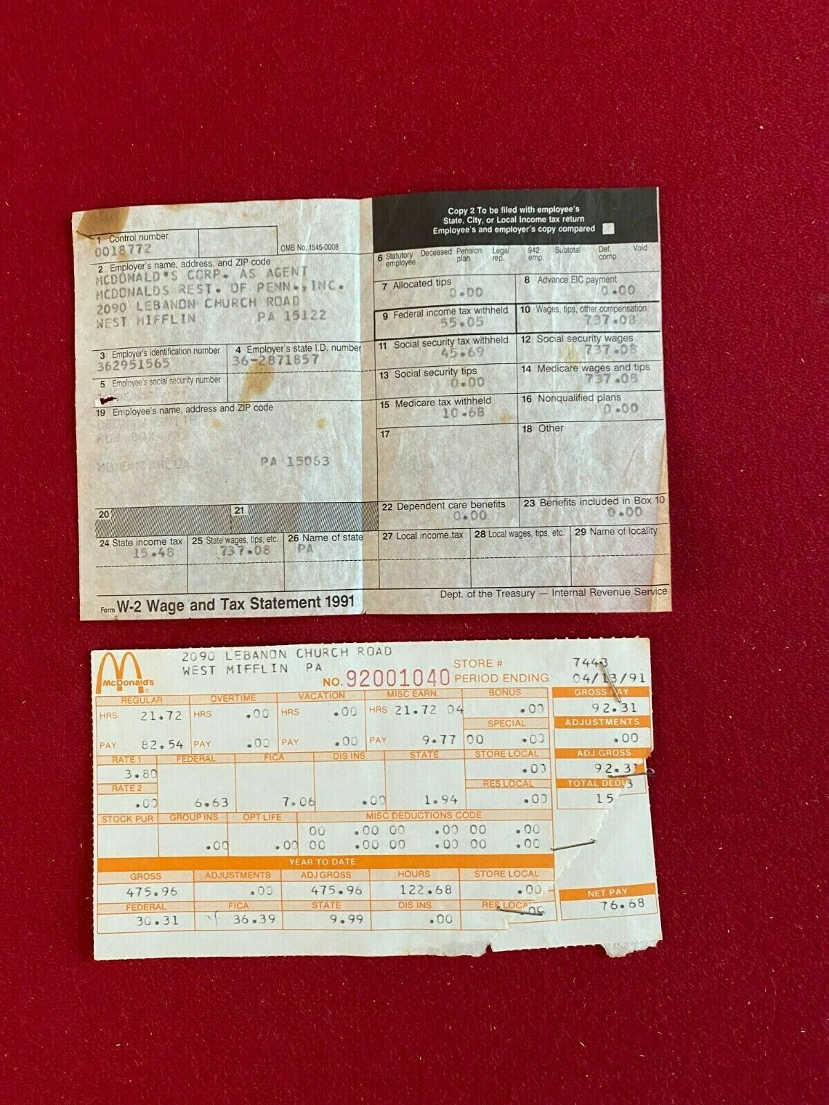 1991, Mcdonald'S, Employee Pay Check Stub &amp; W-2 Form (Scarce / Vintage) inside Mcdonalds W2 Form