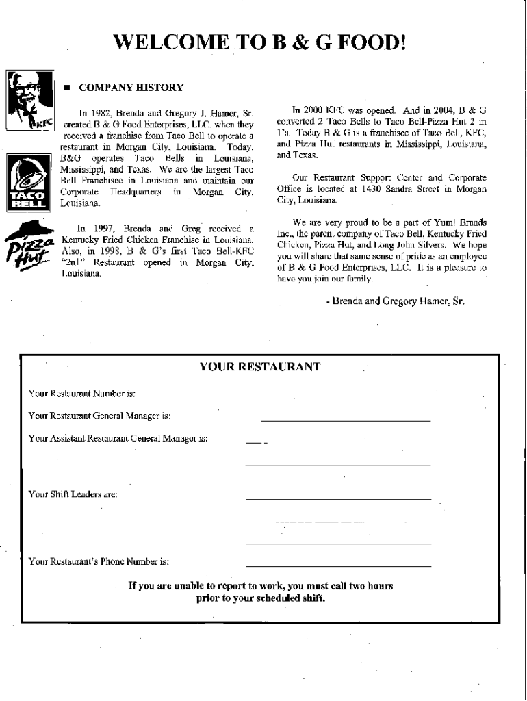 2011 Form B&amp;amp;G Food Enterprises Employee Handbook Fill Online inside Taco Bell W2 2022 Former Employee