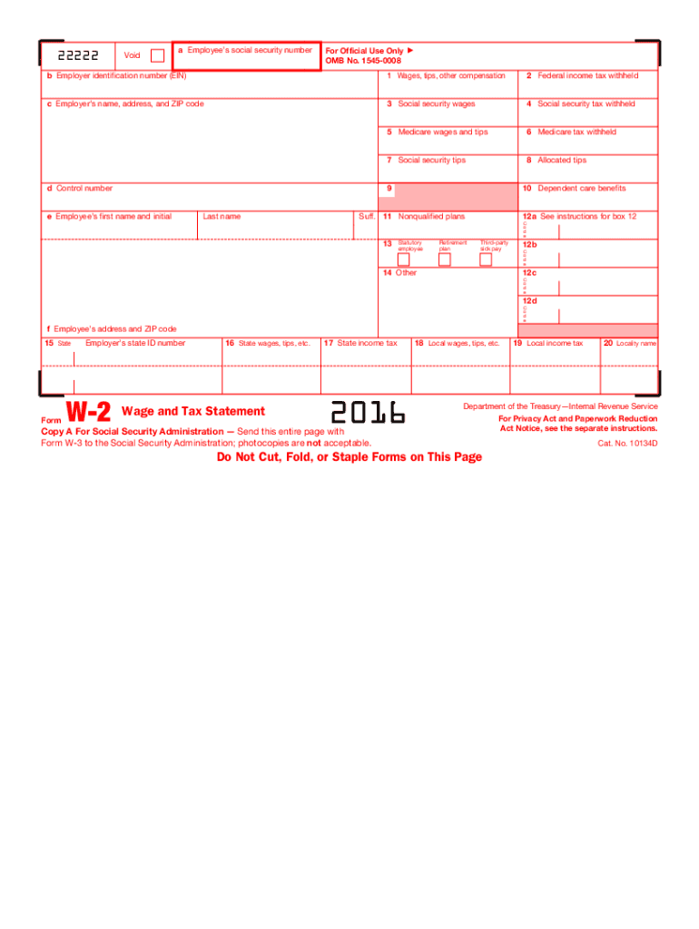2016 Form Irs W-2 Fill Online, Printable, Fillable, Blank - Pdffiller regarding W2 Form From 2016