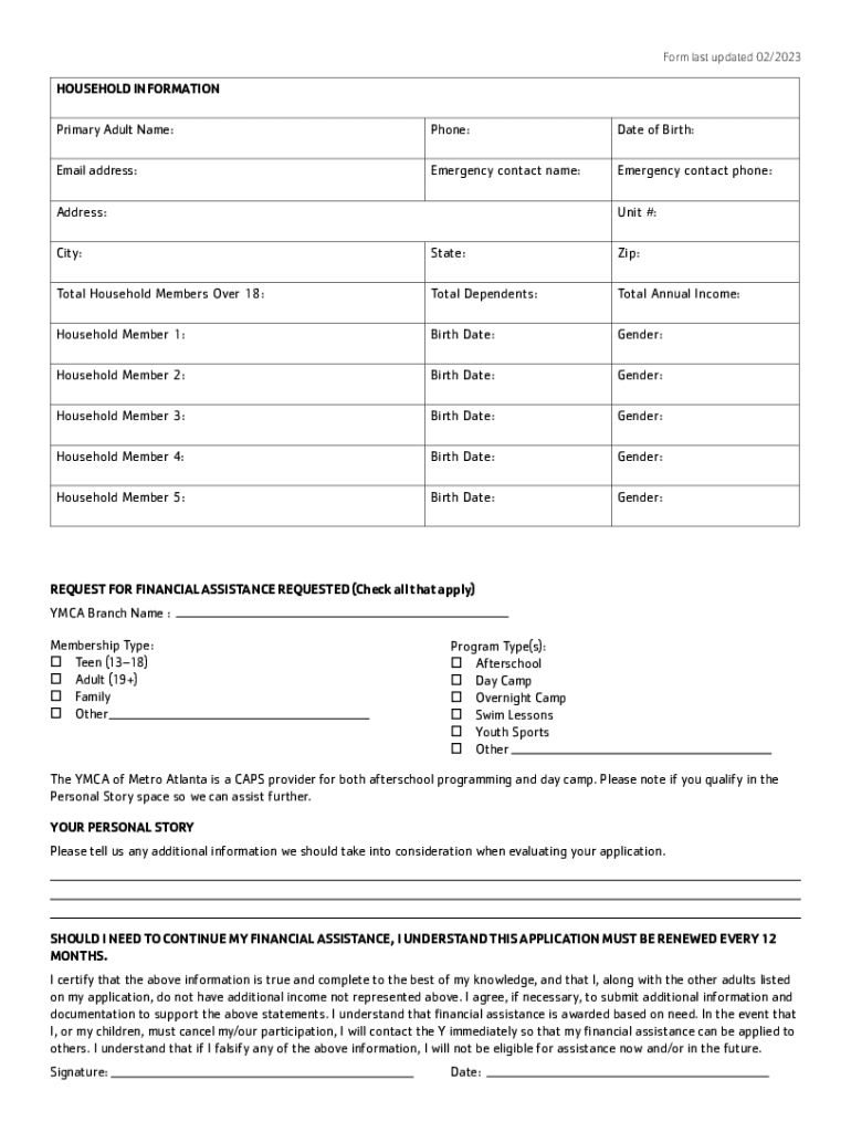 2023 Form Ymca Of Metro Atlanta Financial Assistance Application throughout Ymca W2 Forms