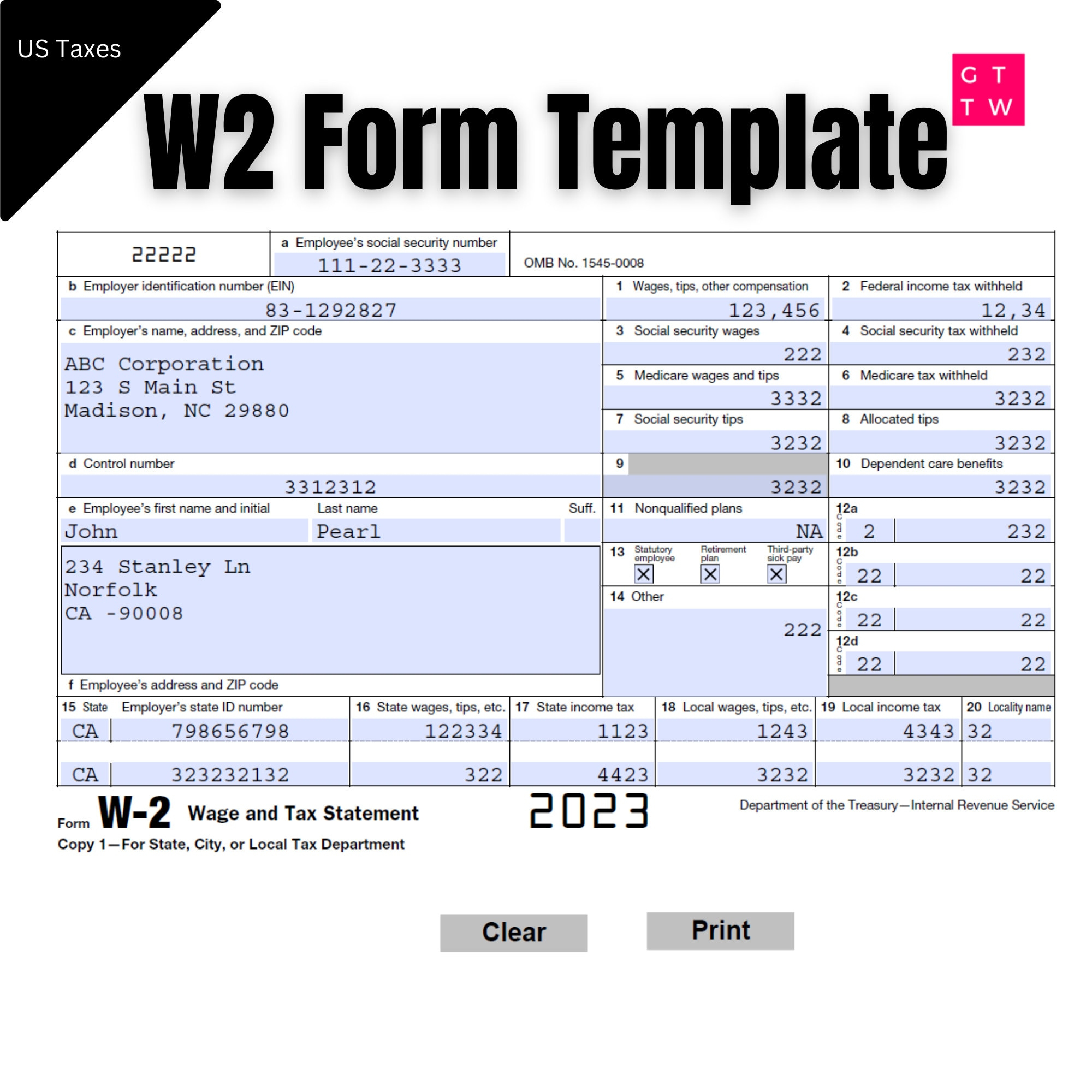 Buy W2 Form Irs 2024/2023 Fillable Pdf With Print And Clear intended for Sample W2 Form 2023
