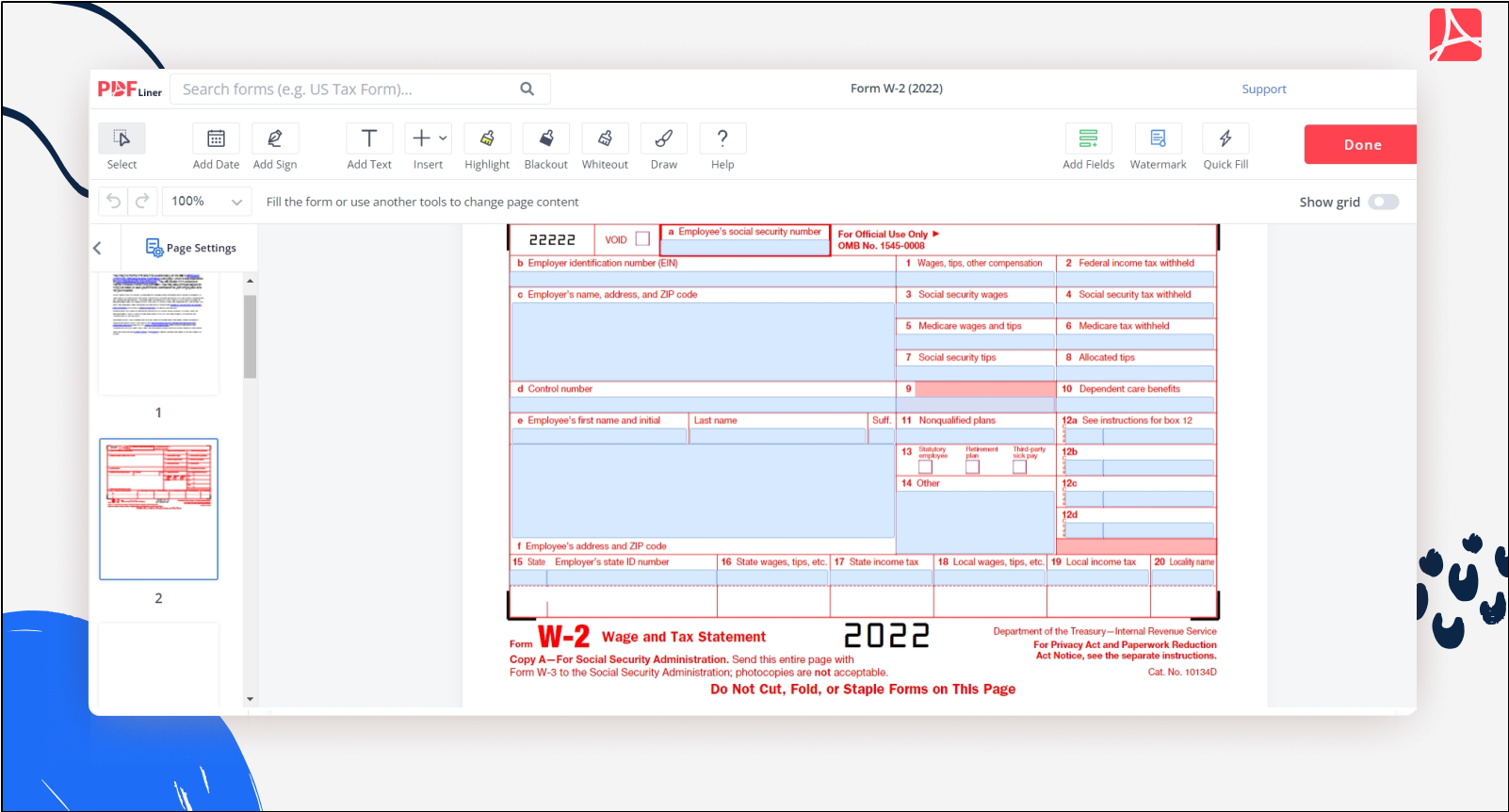 Form W-2 (2022): Printable Form W-2, Sign Forms Online | Pdfliner throughout Fillable W2 Form 2022