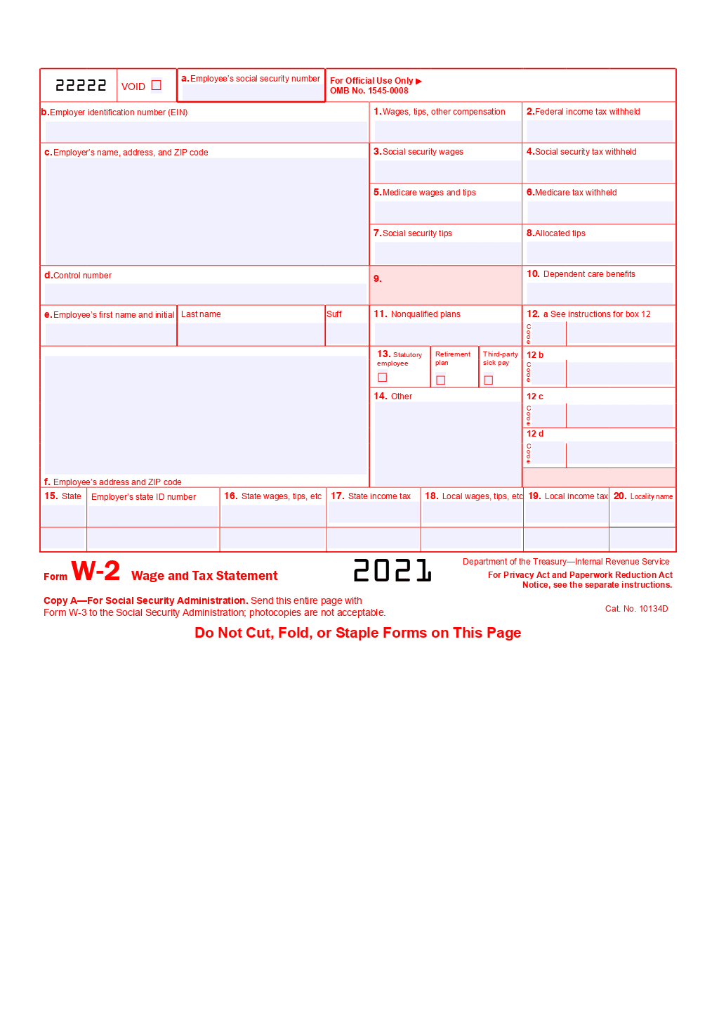 Form W-2 (Wage And Tax Statement) Template throughout 2022 W2 Fillable Form