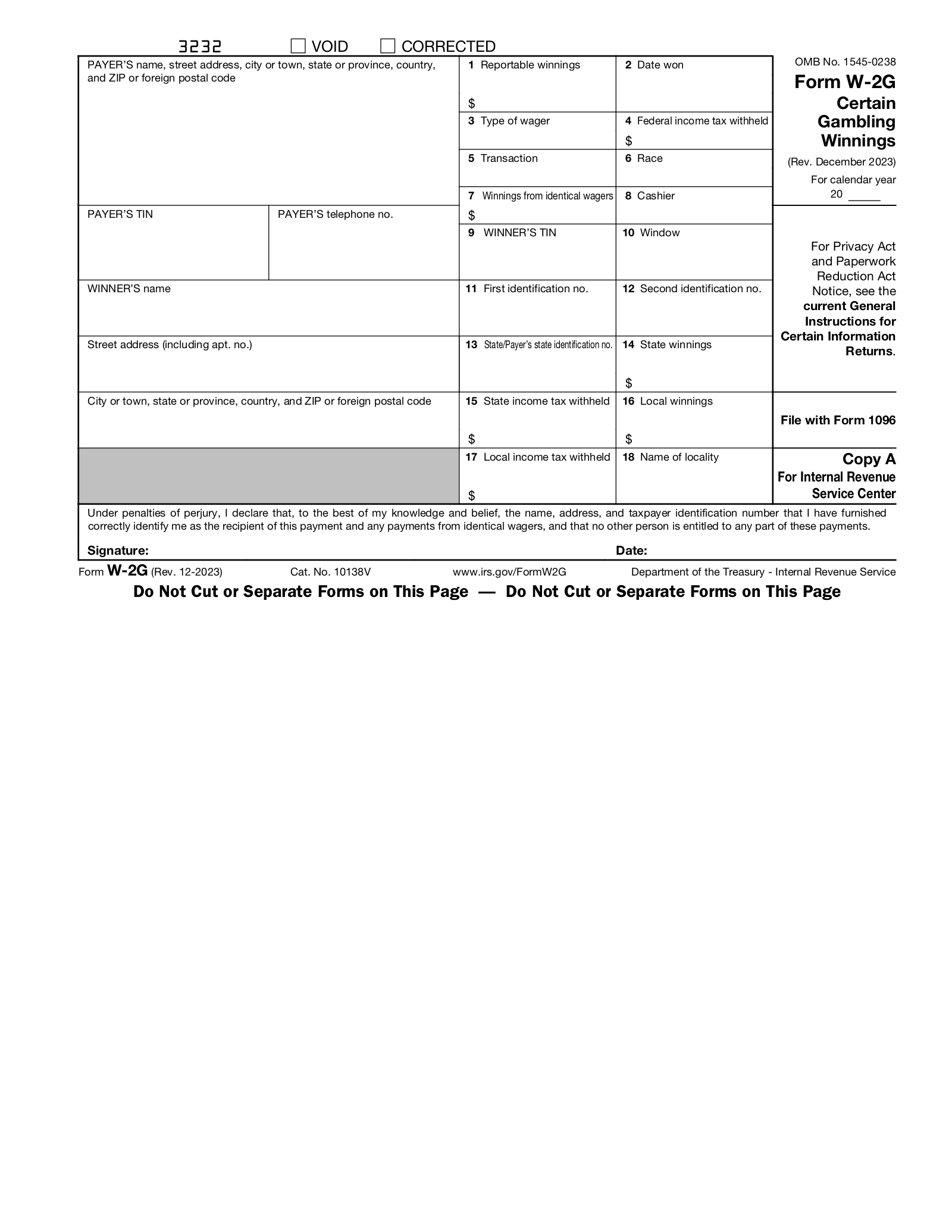 Free Irs Form W-2G | Certain Gambling Winnings - Pdf – Eforms in Form W2 G