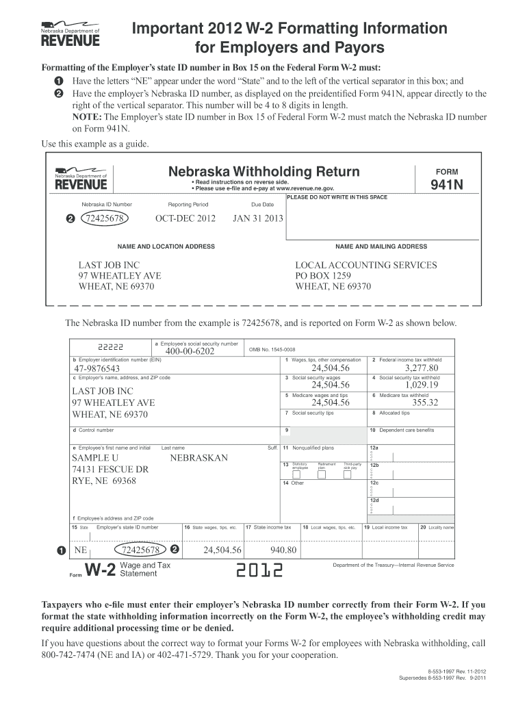 Important 2012 W-2 Formatting Information For Employers And Payors regarding Nebraska W2 Form