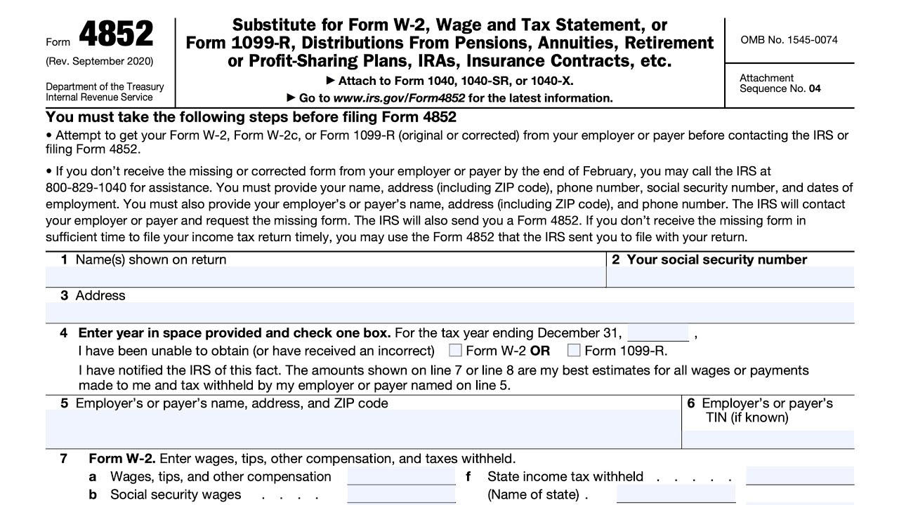 Irs Form 4852 Walkthrough (Requesting Substitute Form W-2 Or Form 1099-R Statement) within W2 Substitute Form