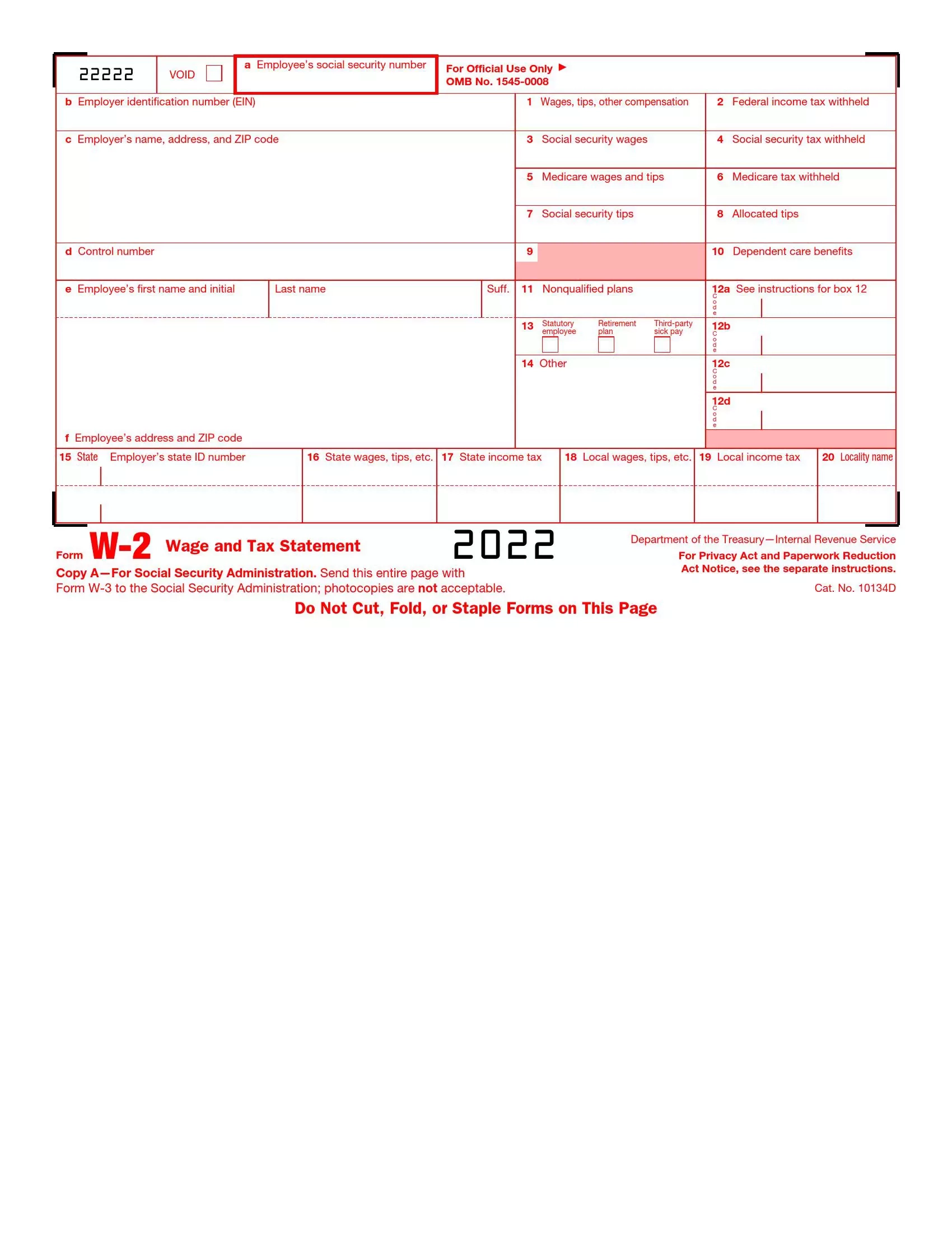 Irs Form W-2 ≡ Fill Out Printable Pdf Forms Online for Form W2 Instructions 2022