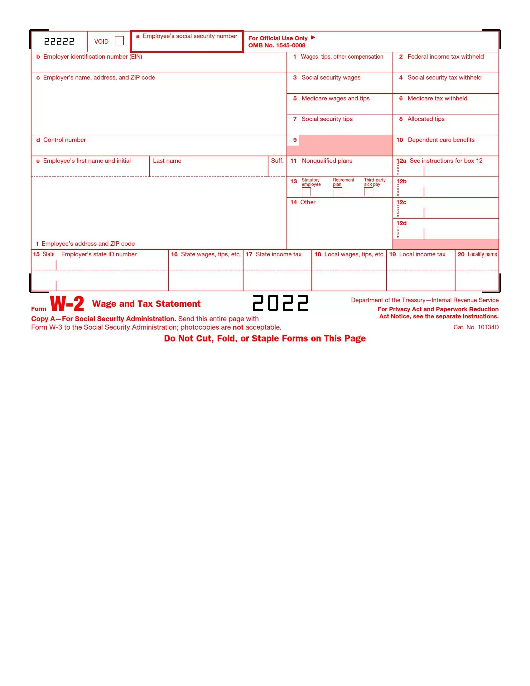 Irs Form W-2 ≡ Fill Out Printable Pdf Forms Online for W2 Form To Print