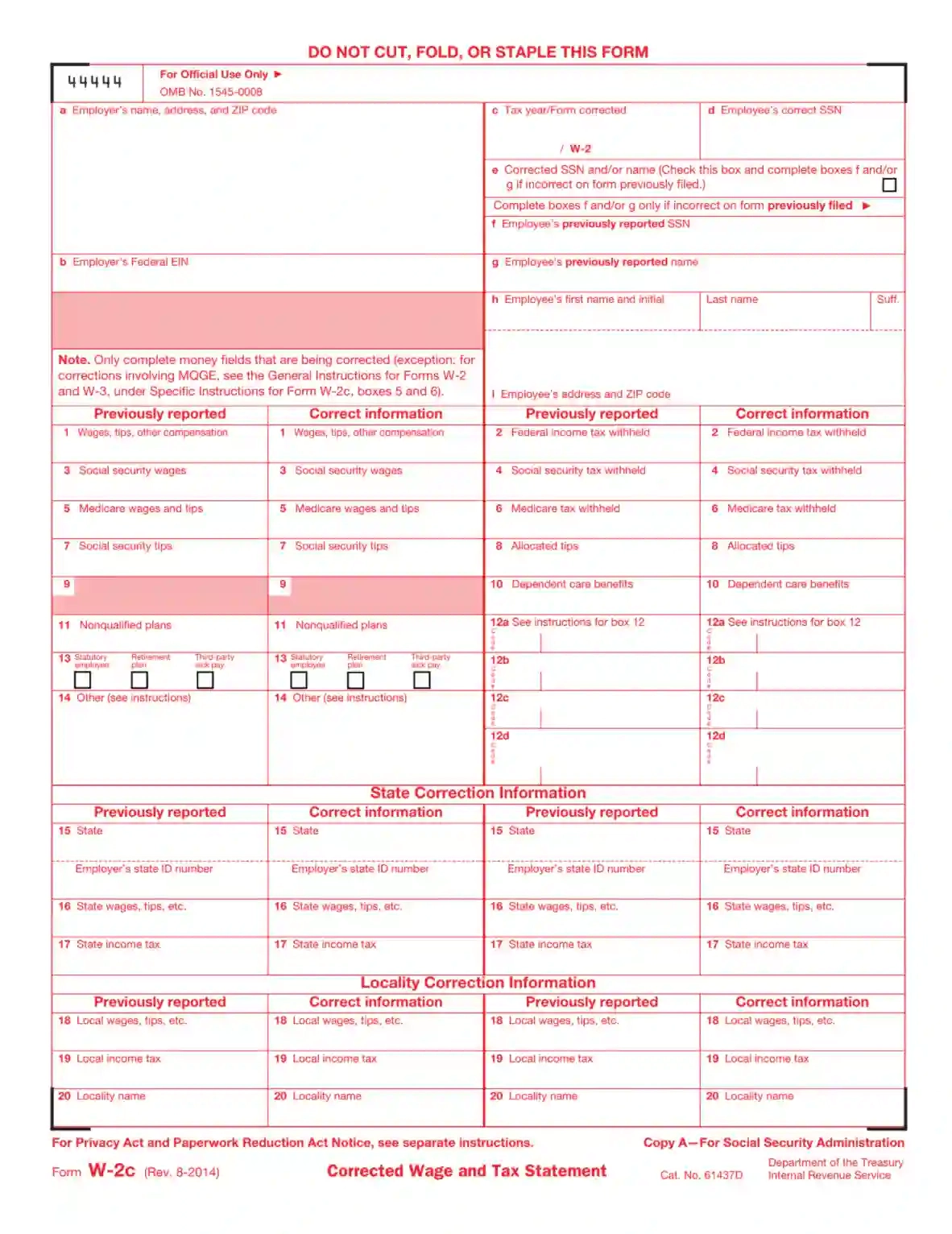 Irs Form W-2C ≡ Fill Out Printable Pdf Forms Online pertaining to W2 Amendment Form