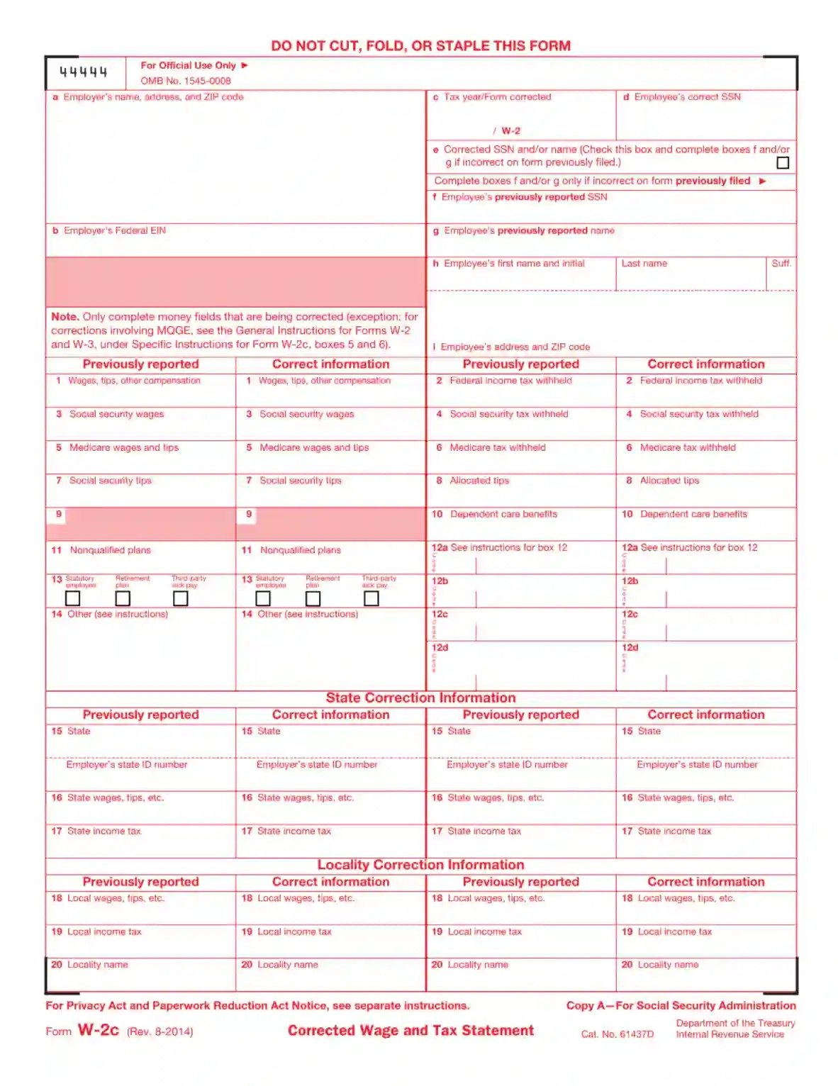 Irs Form W-2C ≡ Fill Out Printable Pdf Forms Online pertaining to W2-C Form