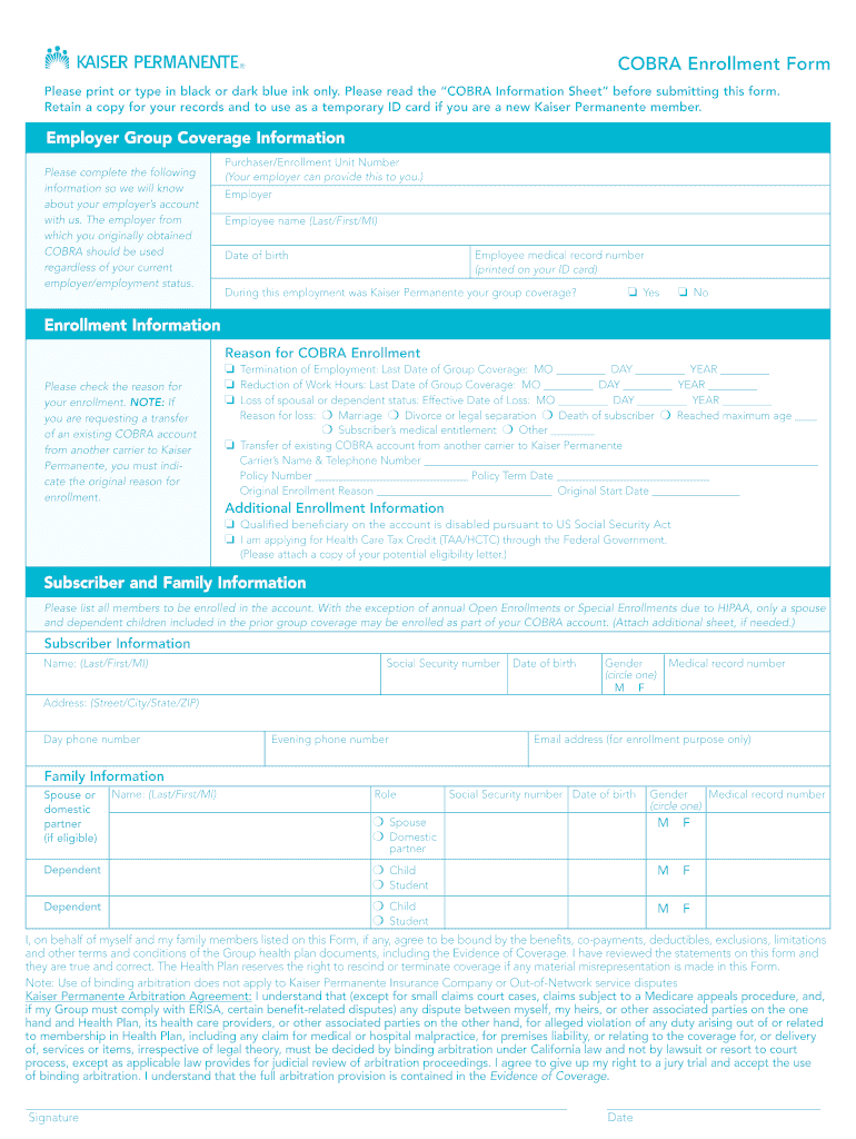 Kaiser Cobra Enrollment Form: Fill Out &amp;amp; Sign Online | Dochub pertaining to Kaiser Permanente W2 Former Employee