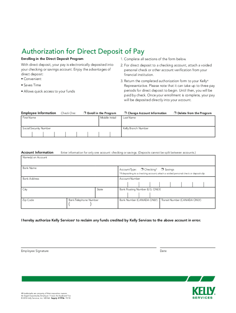 Kelly Services Direct Deposit - Fill Online, Printable, Fillable, Blank with regard to Kelly Services W2 Form