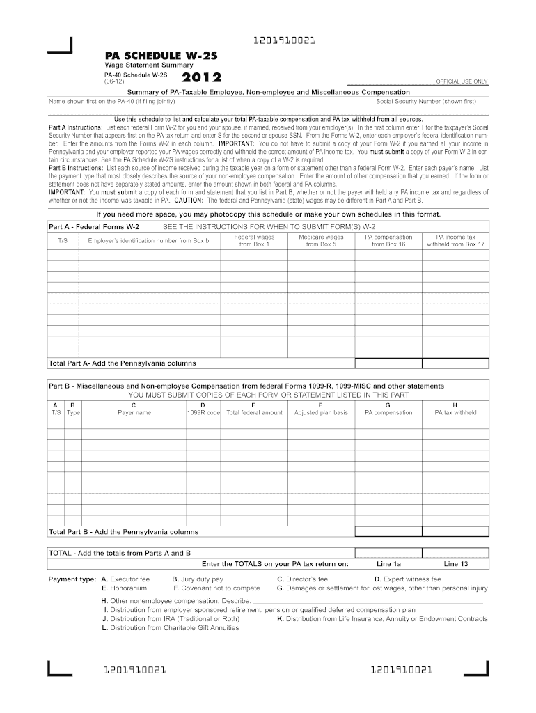 Pa 40 Schedule W 2S 2020 - Fill Online, Printable, Fillable, Blank throughout Pa W2 Form
