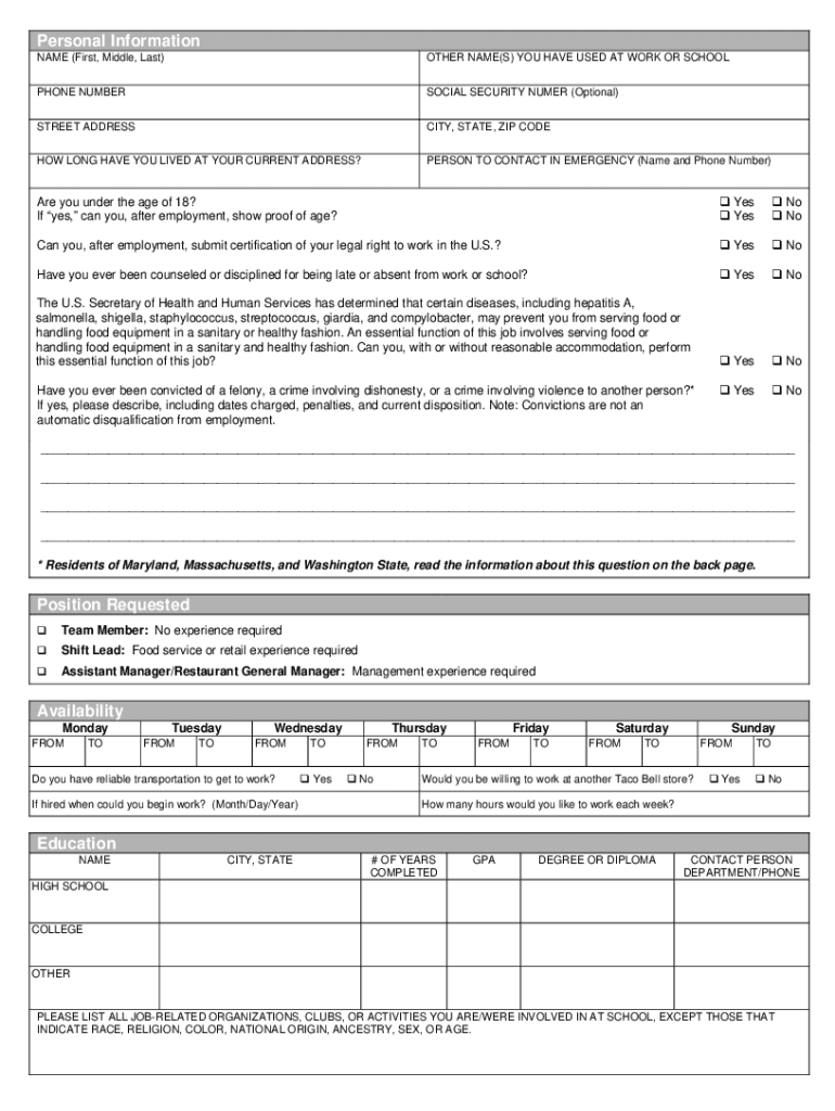 Taco Bell Job Application Pdf - Fill Online, Printable, Fillable pertaining to Taco Bell W2 Form