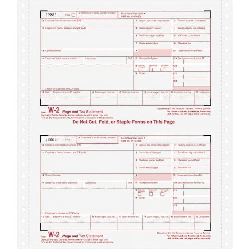 Tops Carbonless Standard W-2 Tax Forms 4 Part - 5 1/2&amp;quot; X 8 1/2&amp;quot; Sheet Size - White Sheet(S) - 24 / Pack within Walmart W2 Tax Form