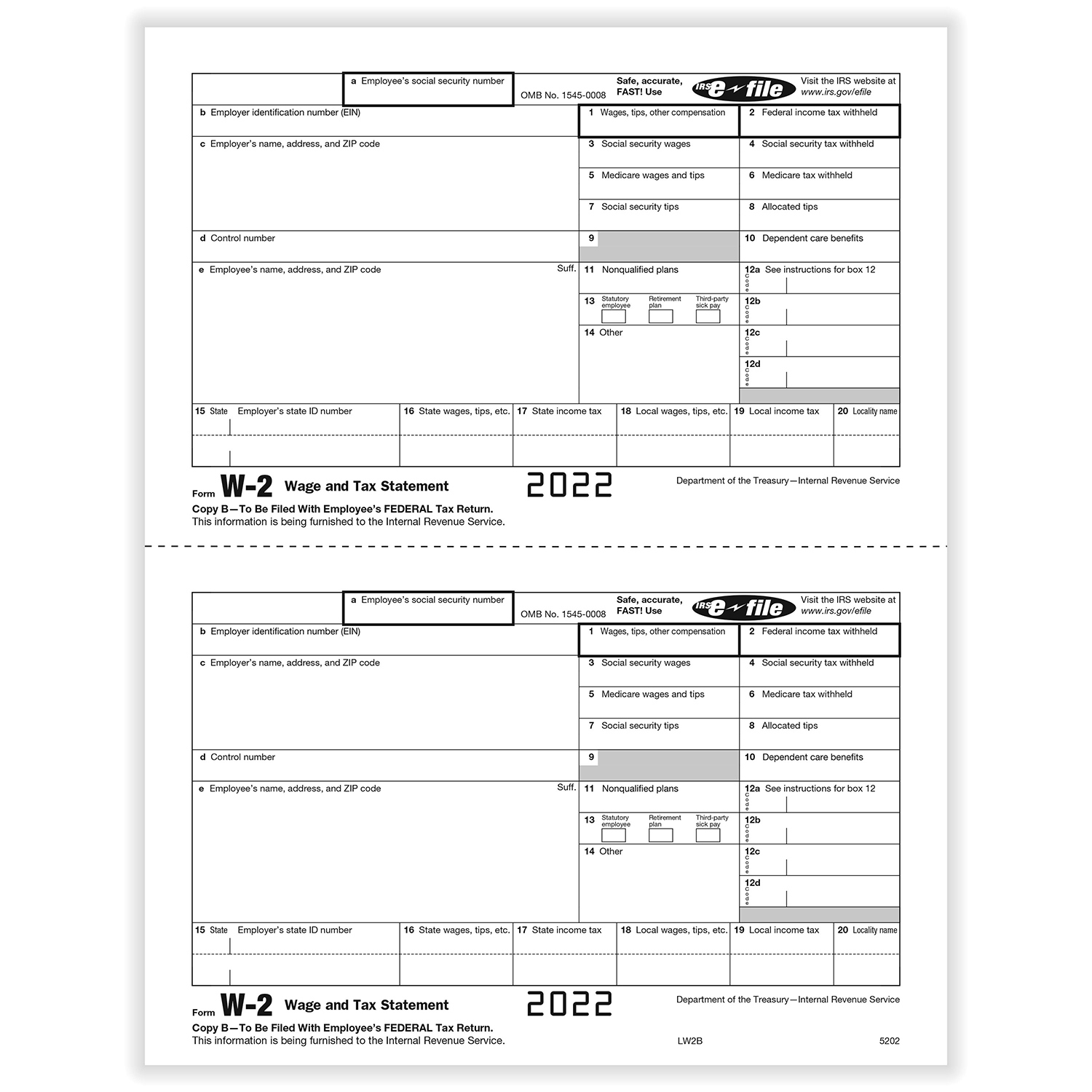 W-2 2-Up Employee Irs Federal Copy B for Printing W2 Forms For Employees