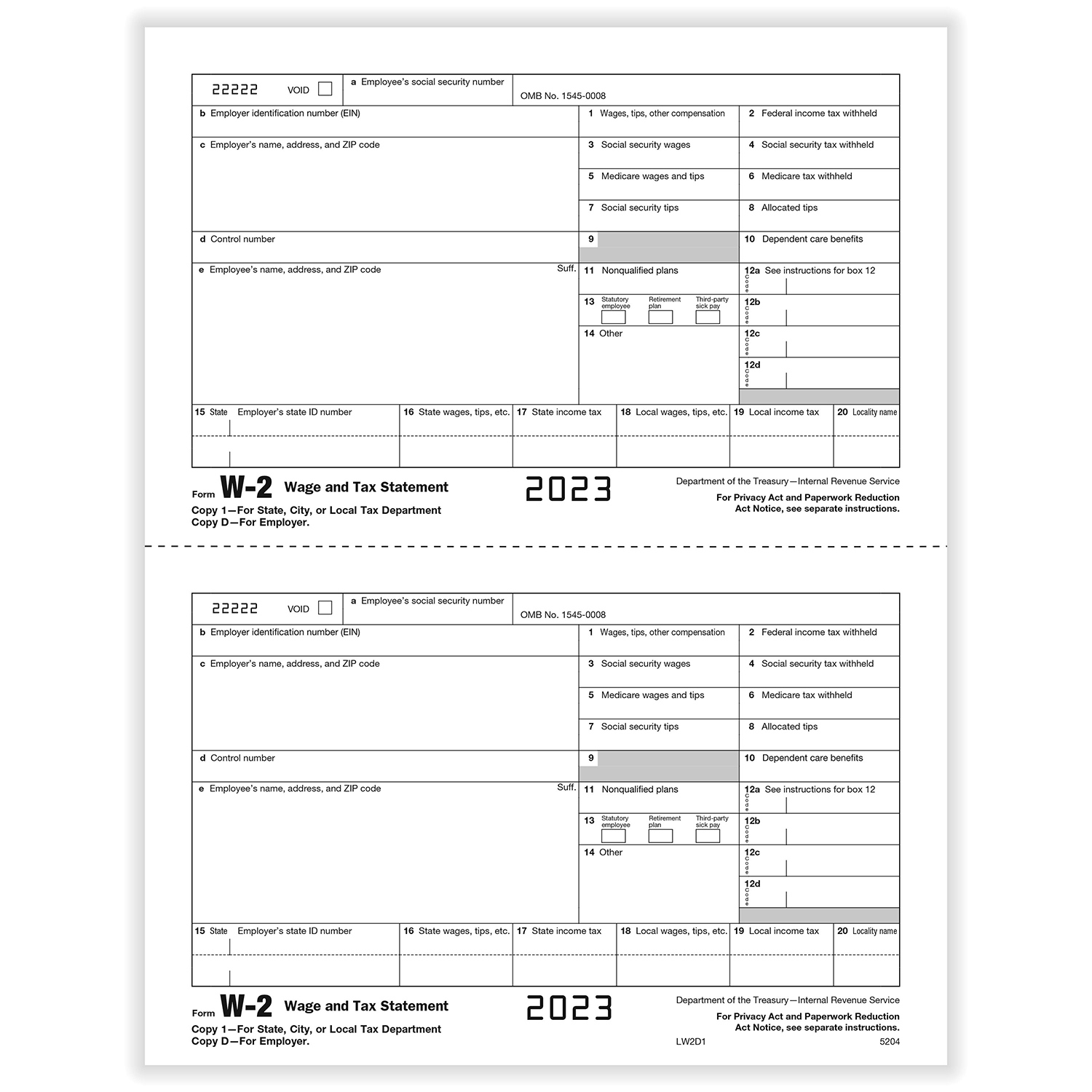 W-2 2-Up Employer Copies D And/Or State, City, Local intended for 2 W2 Forms Different Employer