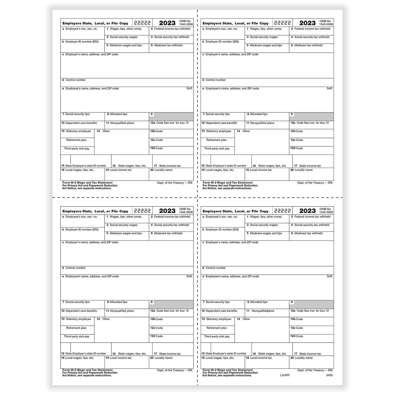 W-2 4-Up Employer Copies 1/D - Box intended for W2 Form Boxes