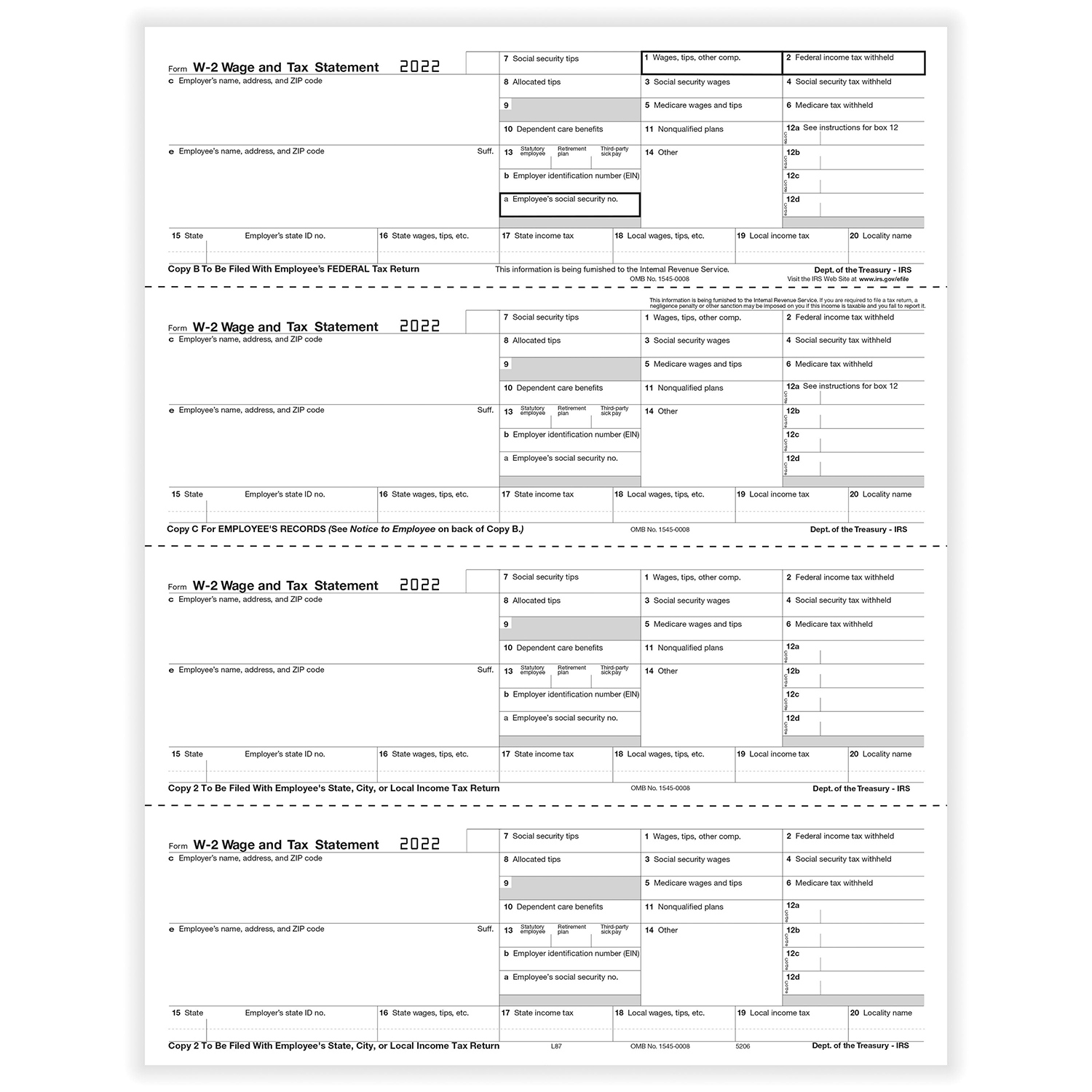 W-2 Laser 4-Up Pre-Preprinted Horizontal Employee Copy B, C, 2 for 2022 W2 Forms