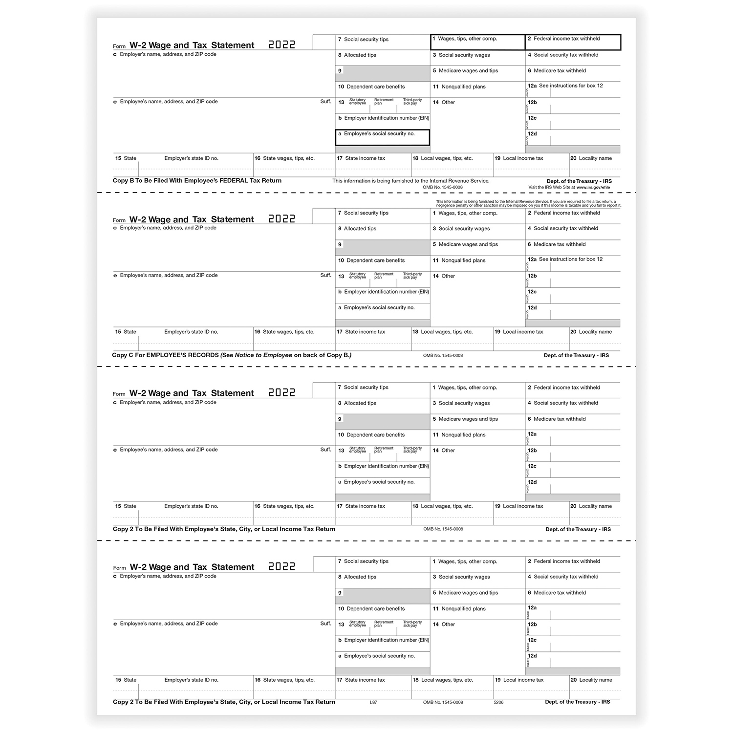 W-2 Laser 4-Up Pre-Preprinted Horizontal Employee Copy B, C, 2 intended for W2 Printable Form 2022