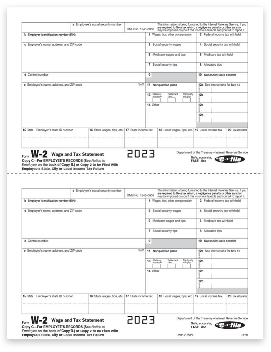 W2 Tax Forms Copy C-2 For Employee State Or File for Printing W2 Forms For Employees