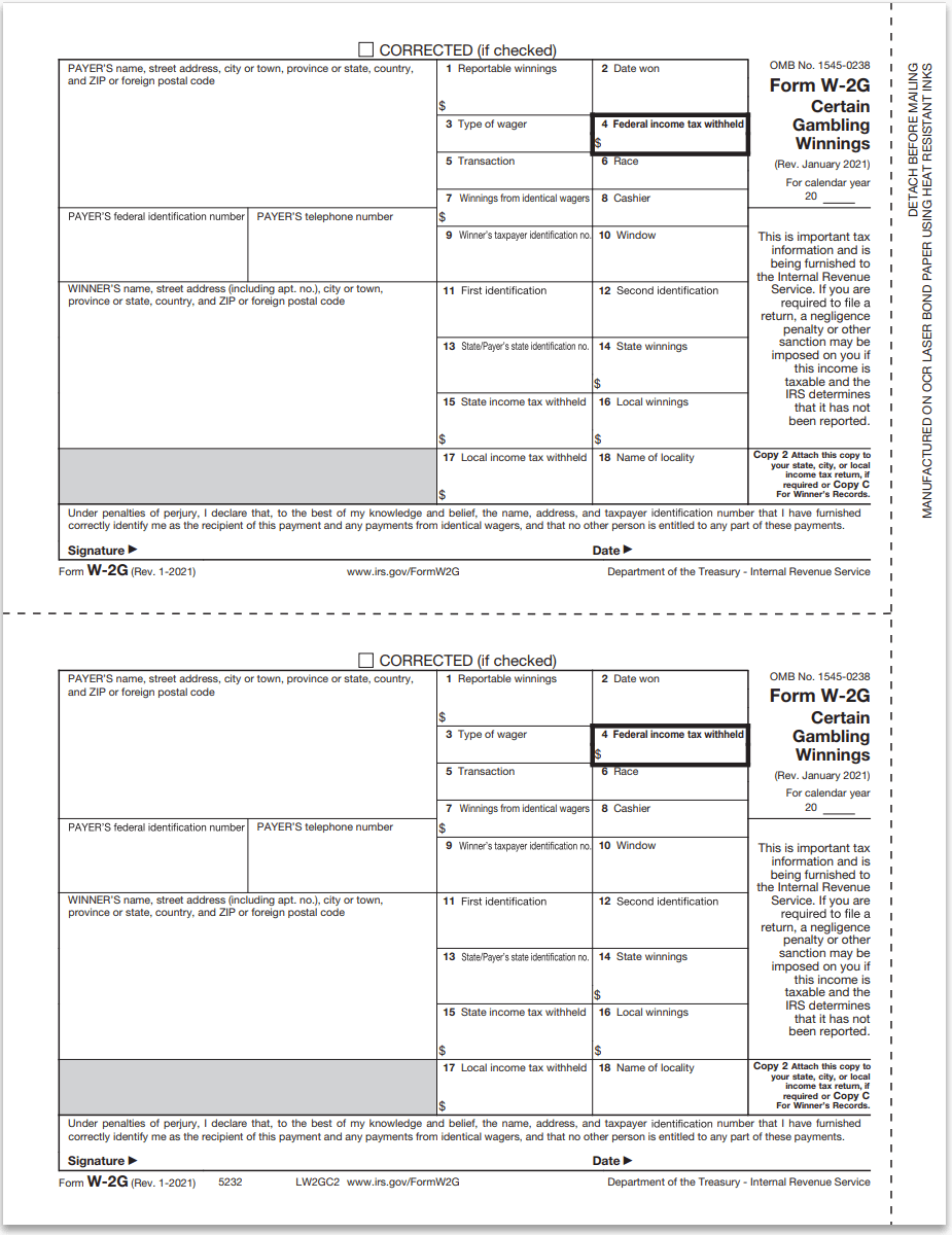 W2G Forms For Gambling Winnings, Winner Copy C-2 - Discounttaxforms within What Is Form W2-G