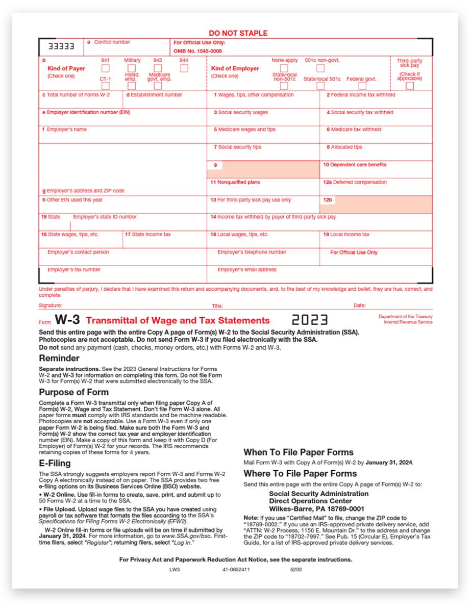 W3 Transmittal Forms For W2 Filing With The Ssa - Discounttaxforms in W2 W3 Forms