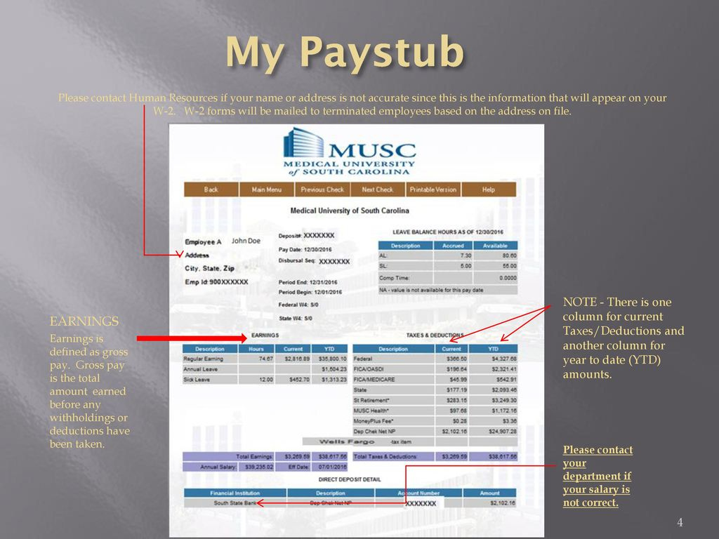 Welcome To Musc Guide To Understanding Your Paystub - Ppt Download inside Musc W2 Former Employee